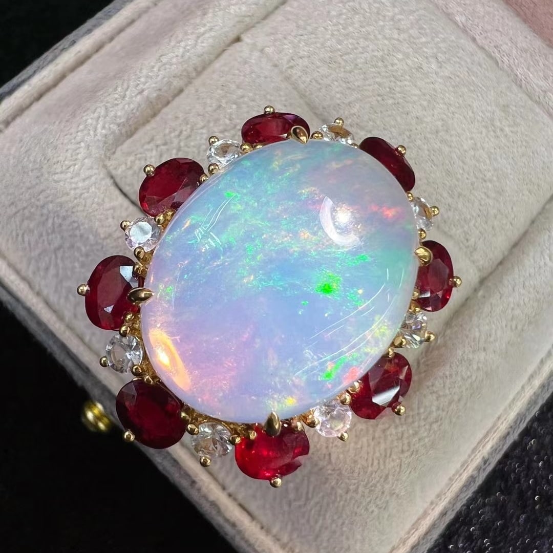 14k Gold 18.46 Ctw Natural Opal & Ruby Ring - 4
