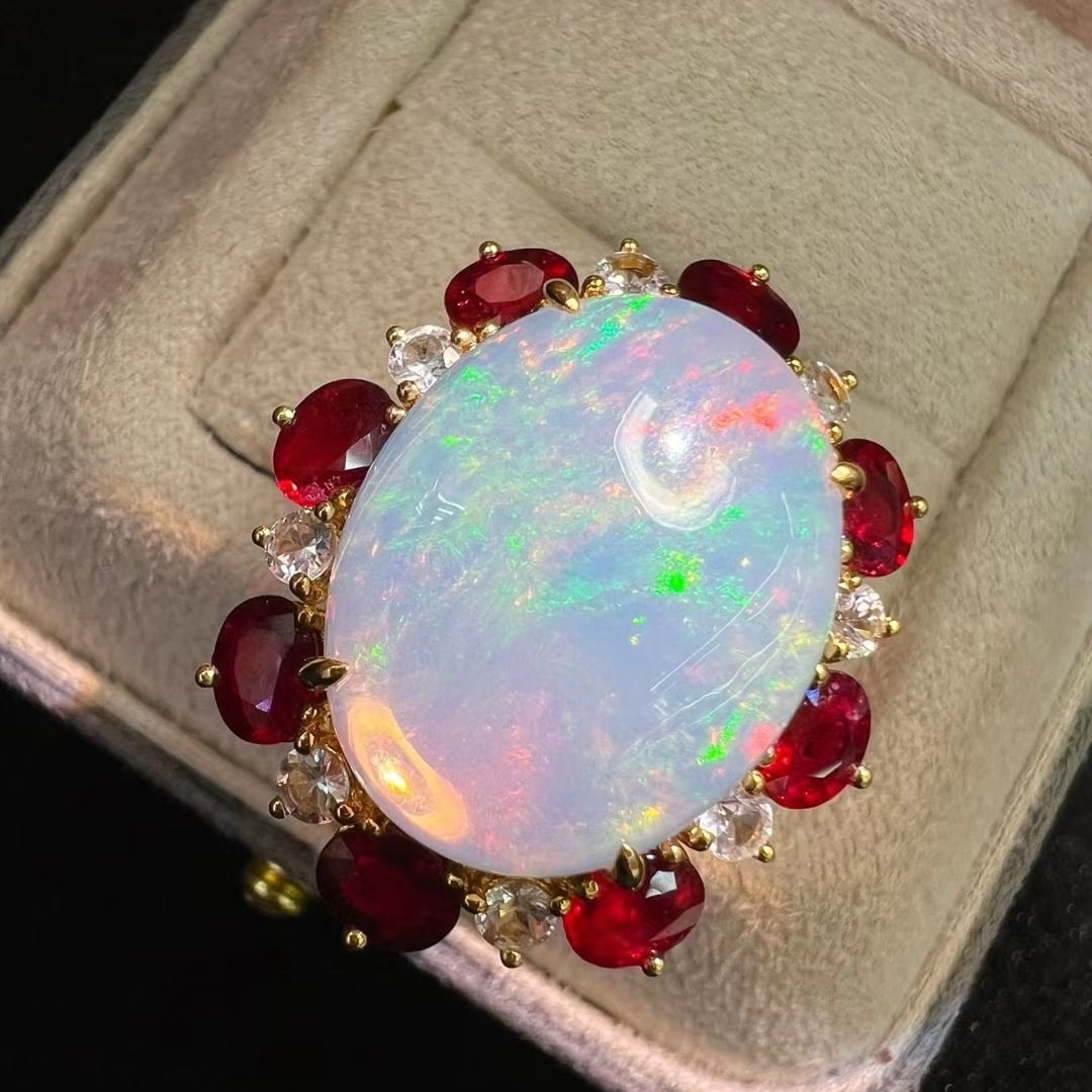 14k Gold 18.46 Ctw Natural Opal & Ruby Ring - 5