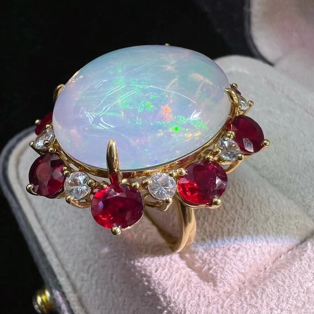 14k Gold 18.46 Ctw Natural Opal & Ruby Ring - 6