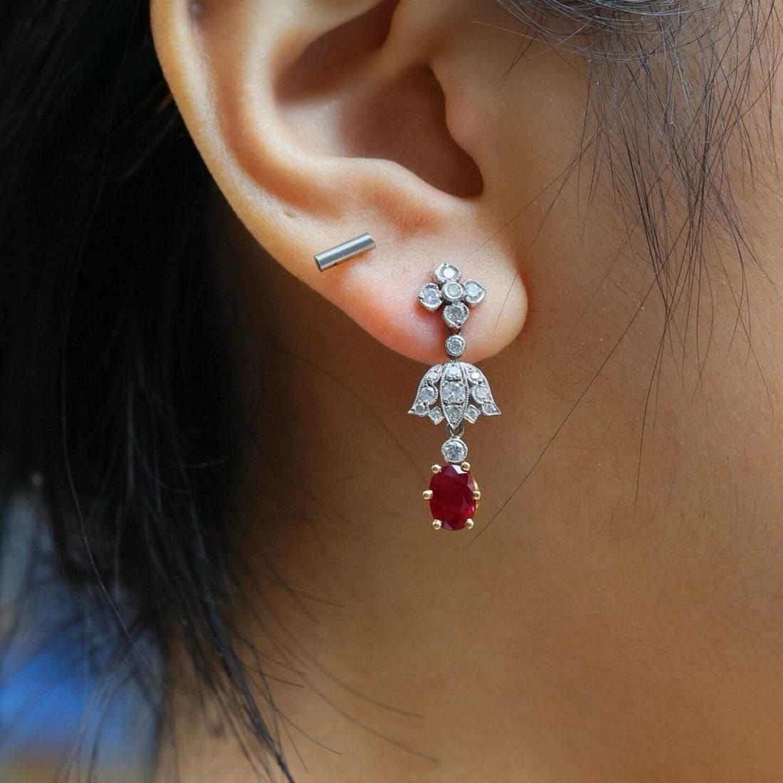 14k Gold 1.6 Ct Natural Ruby & Diamond Earrings - 2