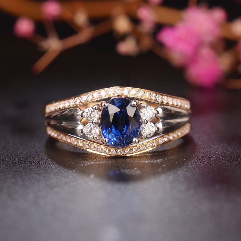 14k Gold 1.47 Ctw Natural Sapphire & Diamond Ring: Ref:230936035 // gold content:14k gold // ring size:7. 25us // // main gemstone:sapphire // shape:oval // carat weight:1. 19ct // color:royal blue // treatment:natural // // adjacent gemstone 2 :