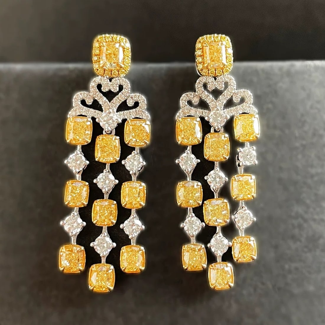 14k Gold 3.76 Ctw Natural Yellow Diamond & Diamond Earrings: Ref:230936038 // gold content:14k gold // main gemstone:yellow diamond // shape:cushion // carat weight:3. 34ct // color:yellow // treatment:natural // // adjacent gemstone 2 : diamond // shape:round