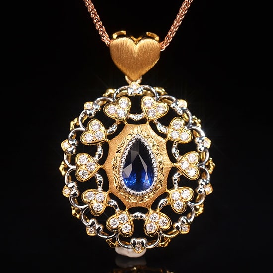 14k Gold 1.62 Ctw Natural Sapphire & Diamond Pendant( Without Chain ): Ref:230936043 // gold content:14k gold // main gemstone:sapphire // shape:pear // carat weight:1. 21ct // color:royal blue // treatment:natural // // adjacent gemstone 2 : diamond // shape:round //