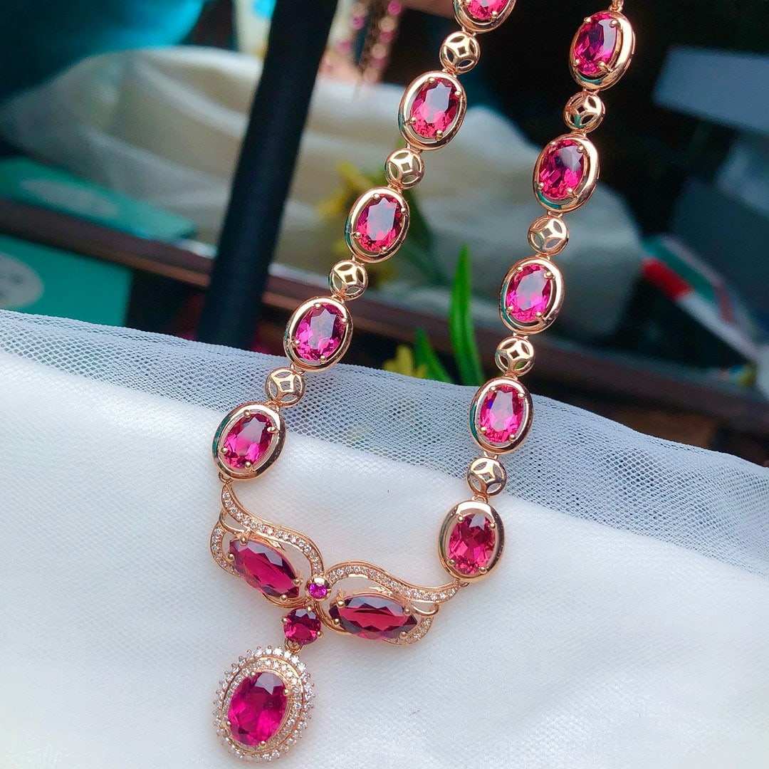 14k Gold 13.85 Ct Natural Tourmaline & Diamond Necklace - 2