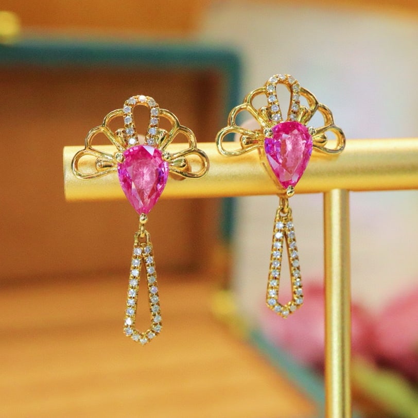 14k Gold 1.97 Ctw Natural Padparadscha Sapphire & Diamond Earrings - 2