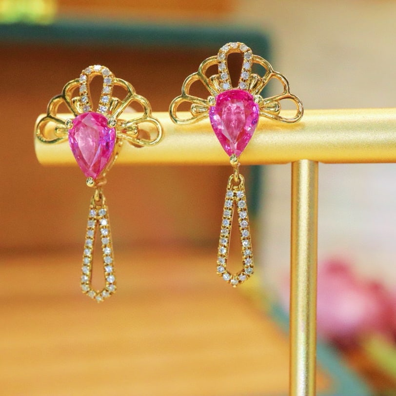 14k Gold 1.97 Ctw Natural Padparadscha Sapphire & Diamond Earrings - 3