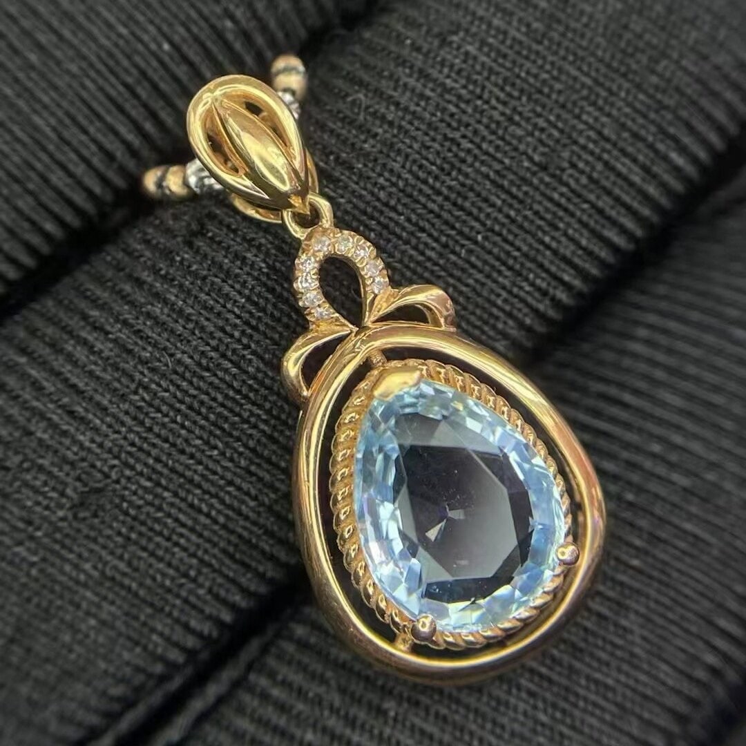 14k Gold 2.00 Ct Natural Aquamarine & Diamond Pendant( Without Chain ) - 2