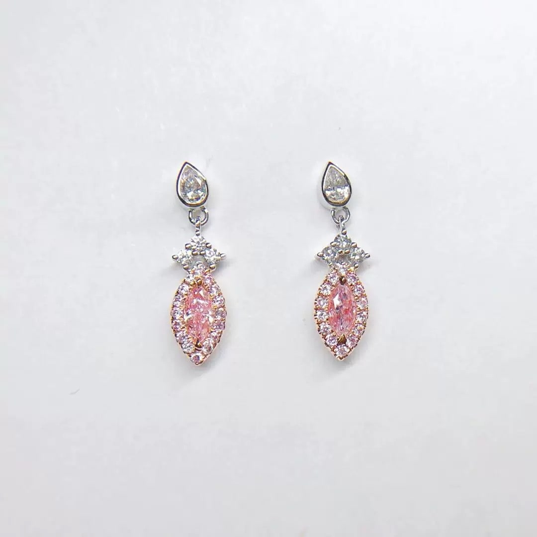 14k Gold 0.43 Ctw Natural Pink Diamond & Diamond Earrings: Ref:230936066 // gold content:14k gold // main gemstone:pink diamond // shape:marquise // carat weight:0. 19ct // color:pink // treatment:natural // // adjacent gemstone 2 : diamond // shape:round //