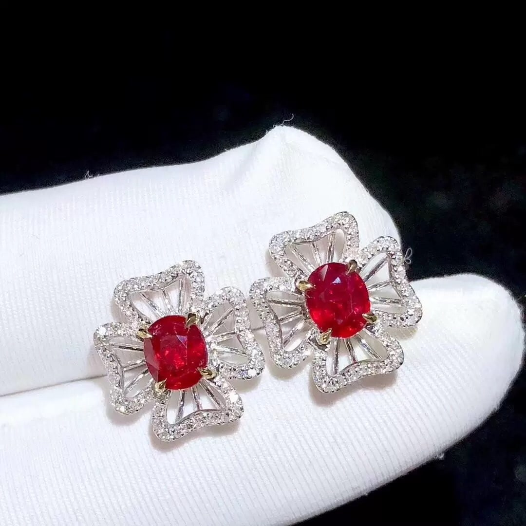 14k Gold 1.42 Ctw Vivid Red Natural Ruby & Diamond Earrings - 2
