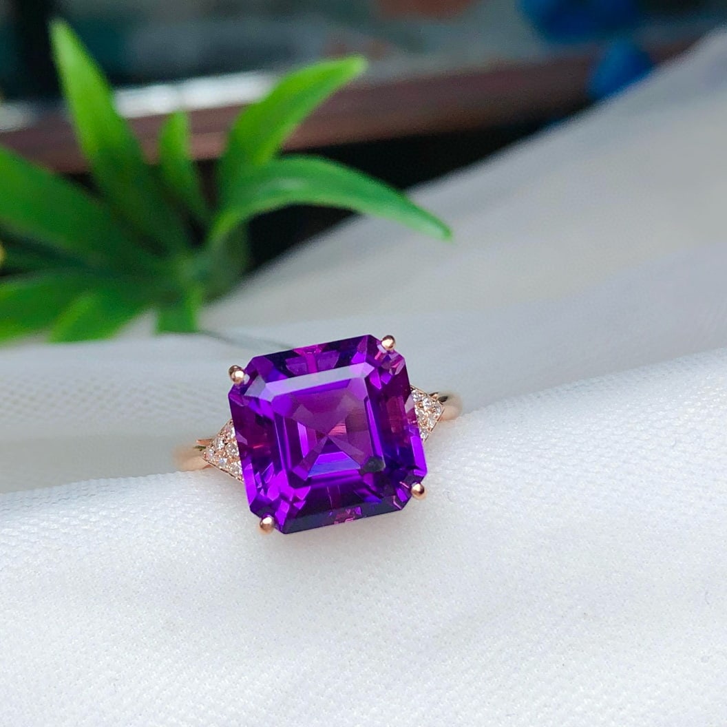 14k Gold 4.85 Ct Natural Amethyst & Diamond Ring - 5