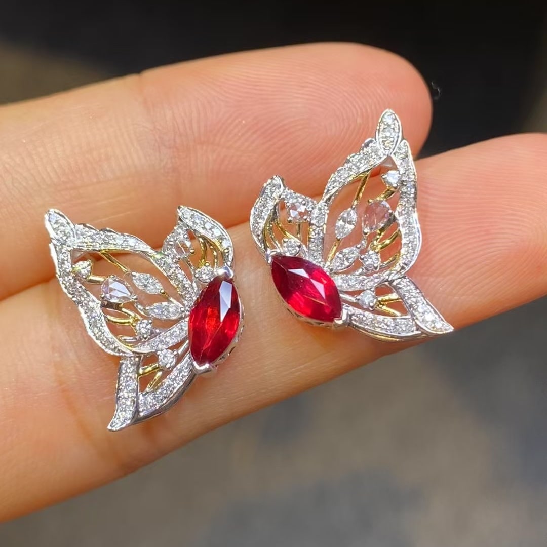 14k Gold 1.15 Ct Natural Ruby & Diamond Earrings - 2