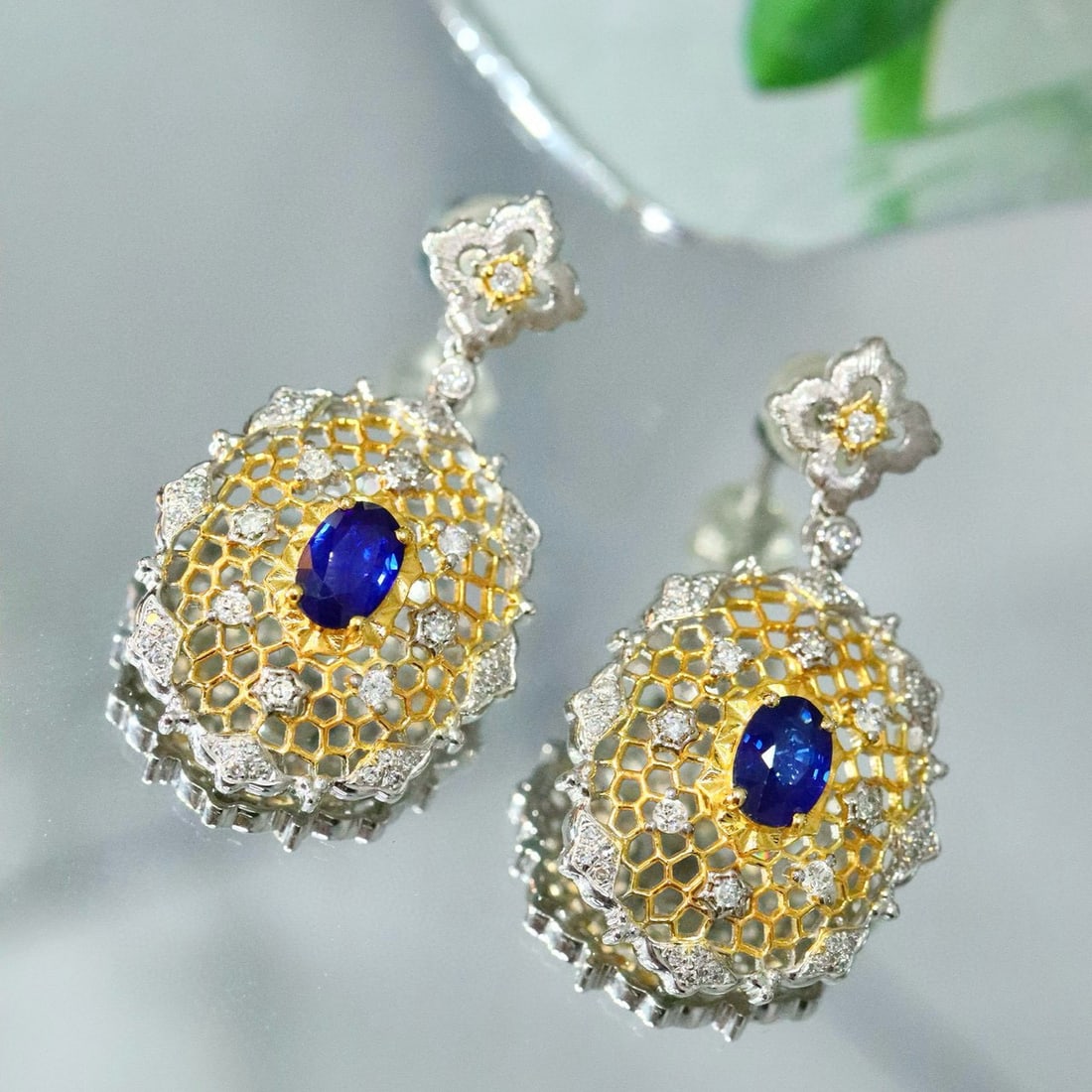 14k Gold 1.43 Ctw Vivid Blue Natural Sapphire & Diamond Earrings - 3