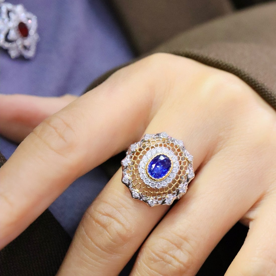 14k Gold 1.64 Ctw Vivid Blue Natural Sapphire & Lab Grown Diamond Ring - 6