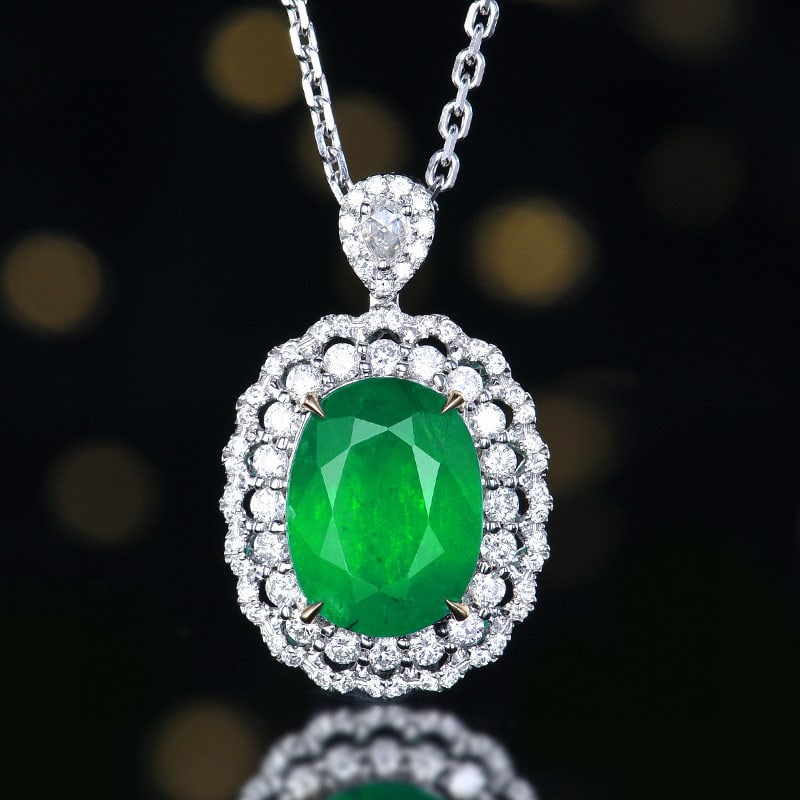 14k Gold 3.93 Ctw Vivid Green Natural Emerald & Diamond Pendant( Without Chain ): Ref:230936099 // gold content:14k gold // main gemstone:emerald // shape:oval // carat weight:3. 4ct // color:vivid green // treatment:natural // // adjacent gemstone 2 : diamond // number of