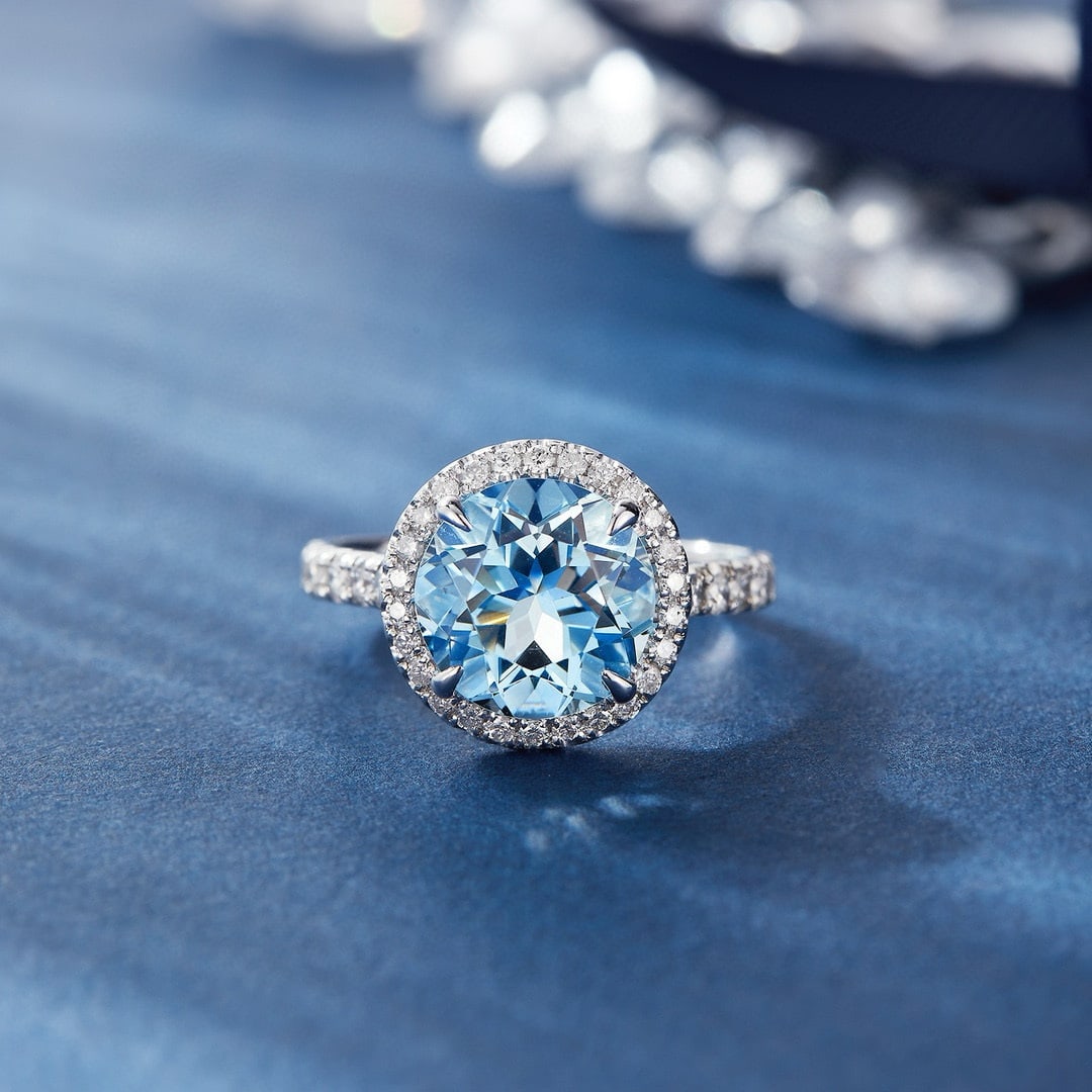 14k Gold 3.36 Ct Natural Aquamarine & Diamond Ring: Ref:230936100 // gold content:14k gold // ring size:7. 25us // // main gemstone:aquamarine // shape:round // carat weight:3. 36ct // color:santa maria color // treatment:natural // cut grade:g // 