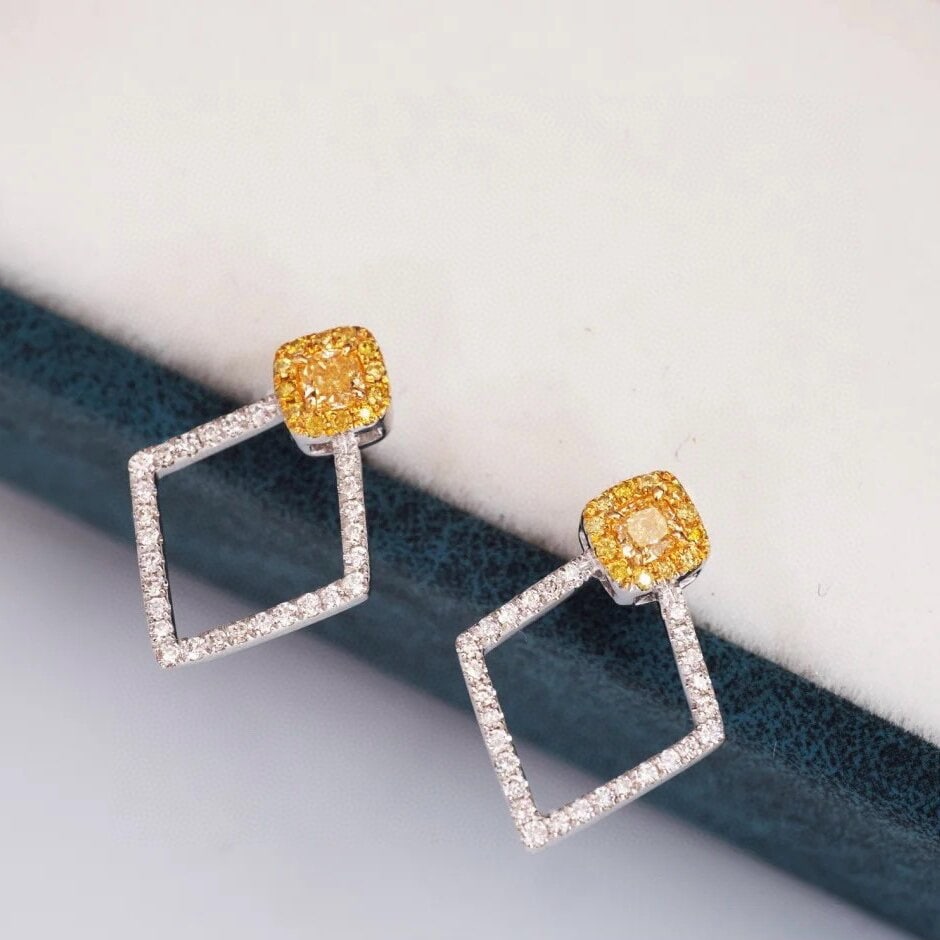 14k Gold 0.42 Ctw Natural Yellow Diamond & Diamond Earrings: Ref:230936105 // gold content:14k gold // main gemstone:yellow diamond // shape:cushion // carat weight:0. 2ct // color:yellow // treatment:natural // // adjacent gemstone 2 : diamond //
