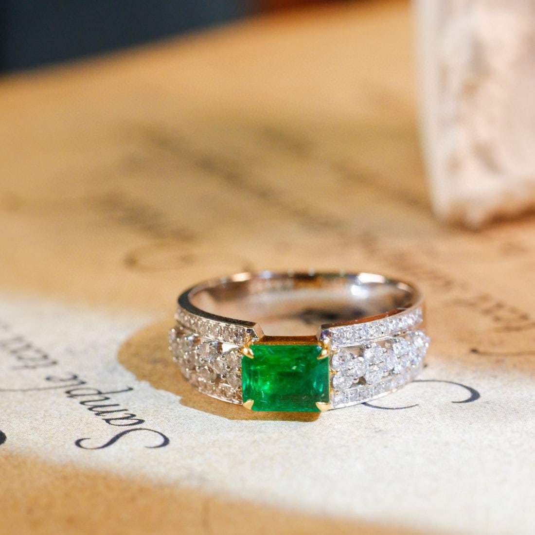 14k Gold 1.36 Ctw Vivid Green Natural Emerald & Diamond Ring: Ref:230936113 // gold content:14k gold // ring size:7. 25us // // main gemstone:emerald // shape:octagonal // carat weight:0. 87ct // color:vivid green // treatment:natural // // adjacent gemstone