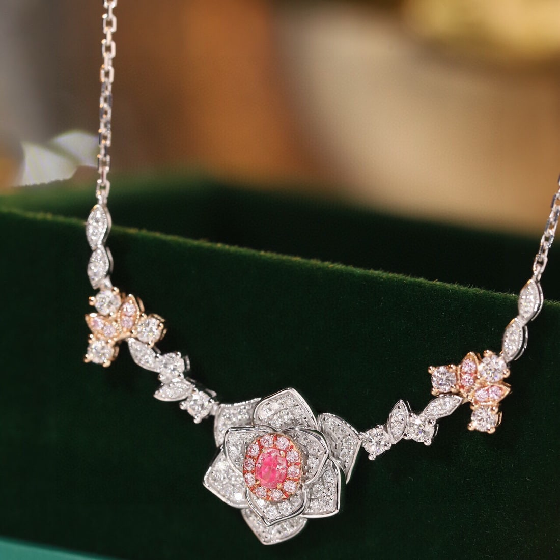 14k Gold 0.85 Ctw Natural Pink Diamond & Diamond & Flowers Necklace - 2