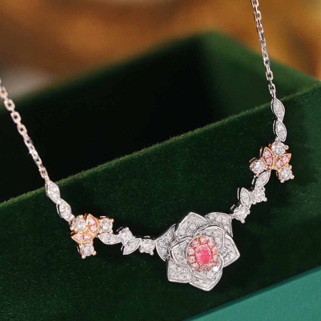 14k Gold 0.85 Ctw Natural Pink Diamond & Diamond & Flowers Necklace - 8