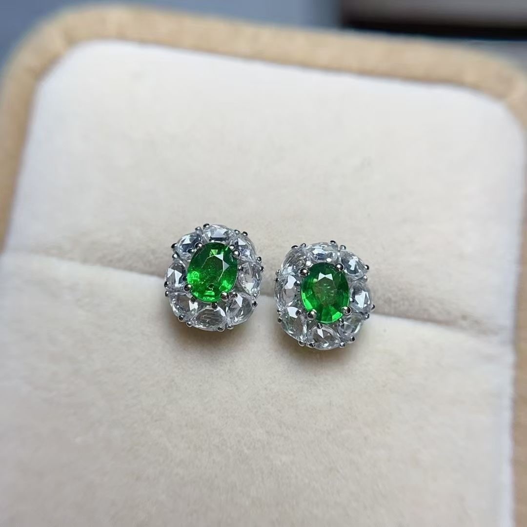 14k Gold 1 Ct Vivid Green Natural Tsavorite & Sapphire Earrings - 5