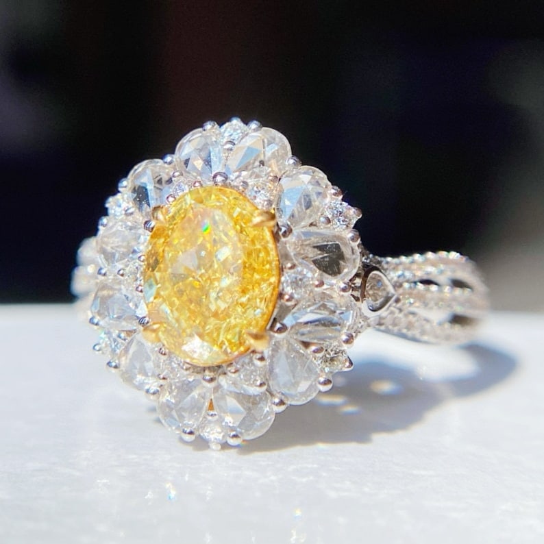 Gia Certified 14k Gold 1.60 Ctw Natural Yellow Diamond & Diamond Ring - 3