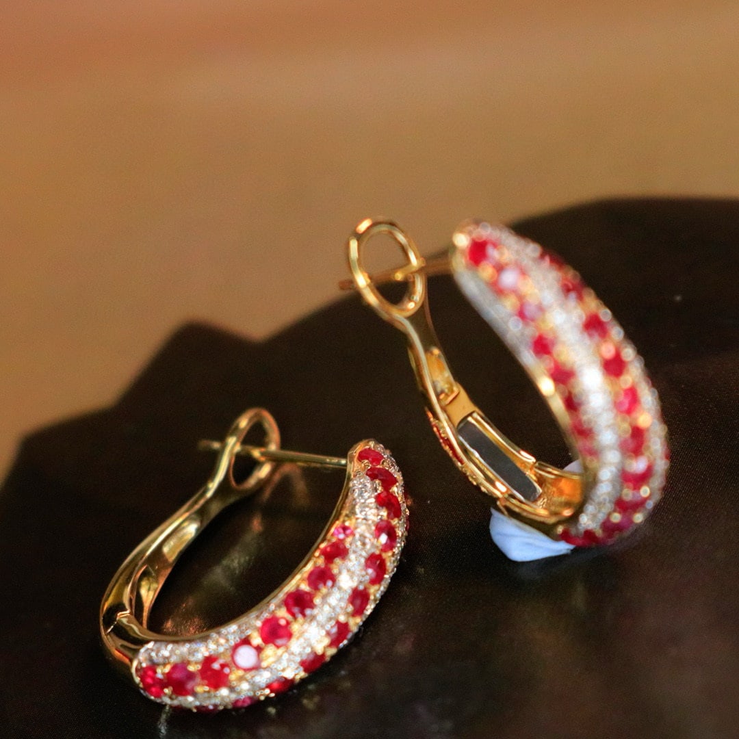 14k Gold 1.8 Ctw Natural Ruby & Diamond Earrings - 7