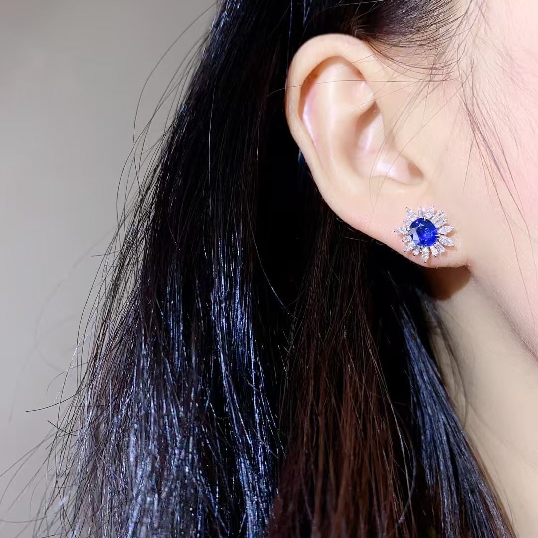 14k Gold 1.49 Ct Natural Sapphire & Diamond Earrings - 2