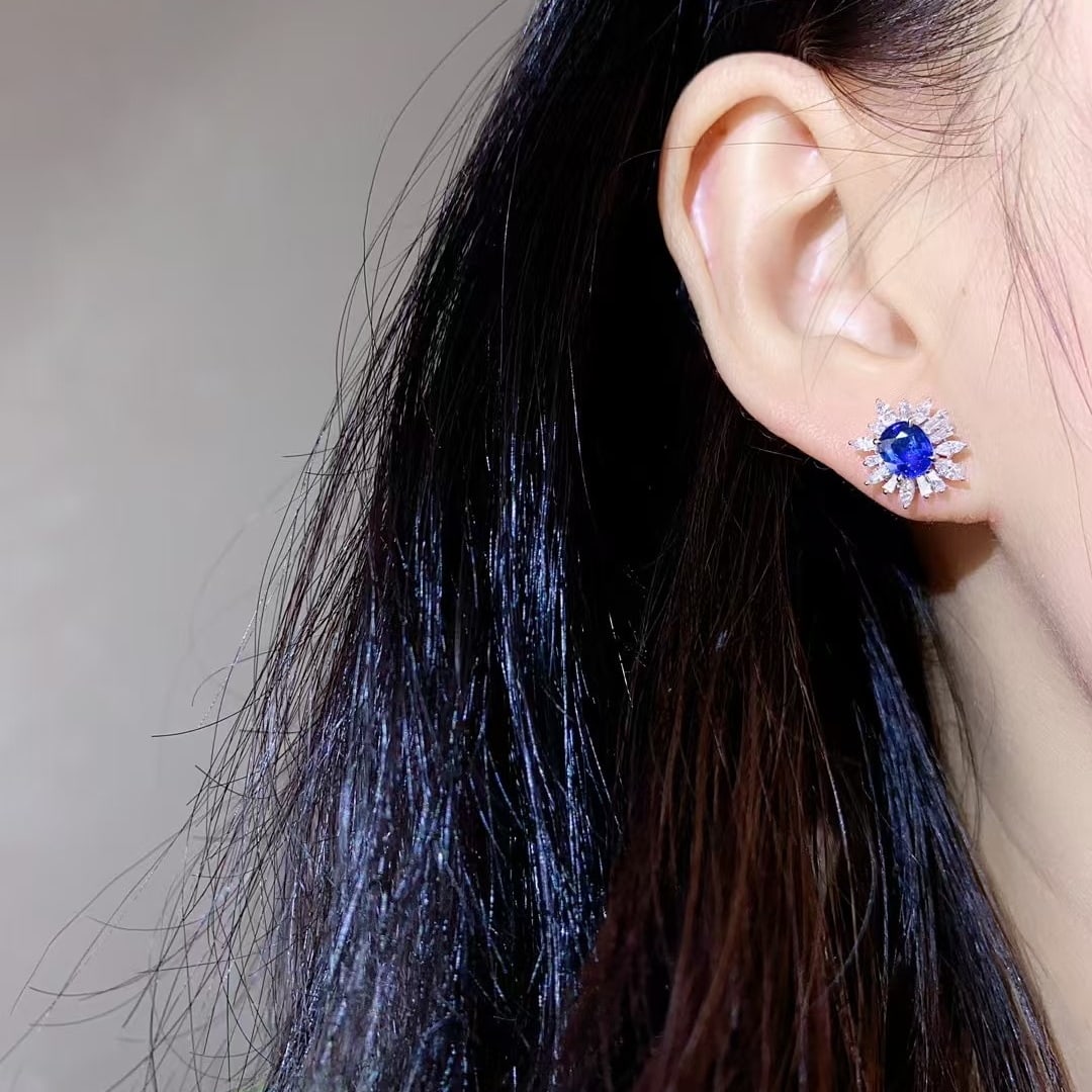 14k Gold 1.49 Ct Natural Sapphire & Diamond Earrings - 3