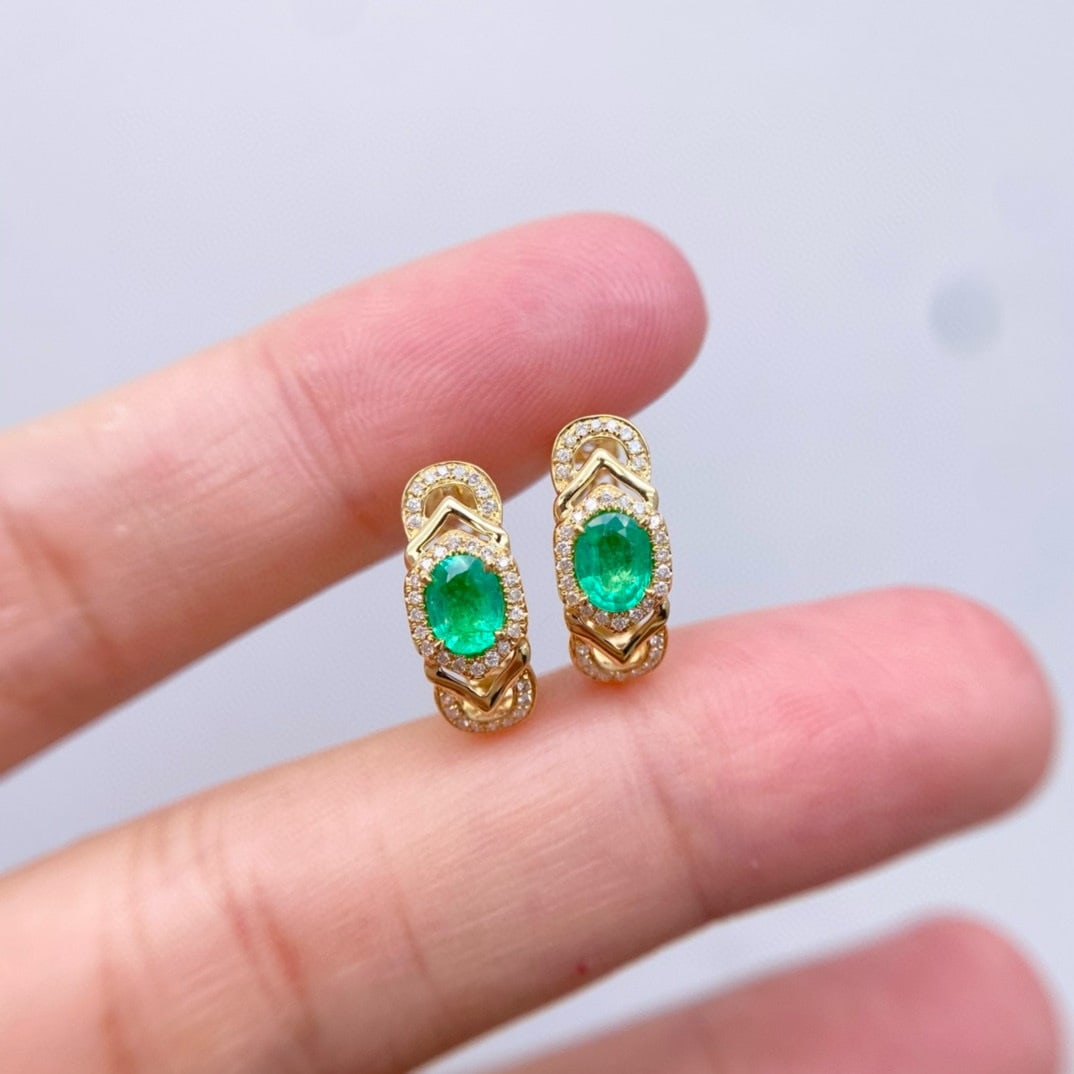 14k Gold 0.52 Ct Vivid Green Natural Emerald & Diamond Earrings - 5