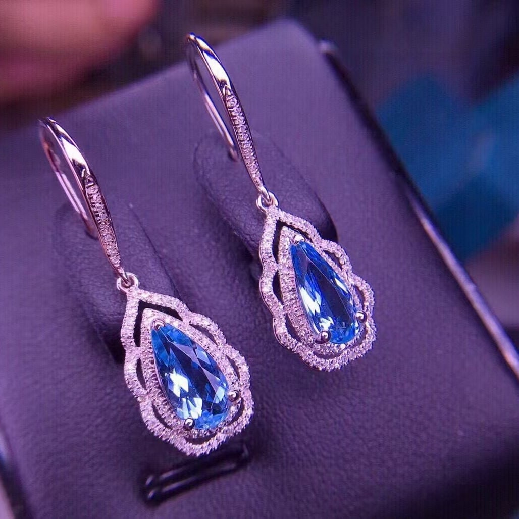 14k Gold 2.6 Ct Natural Aquamarine & Diamond Earrings - 2