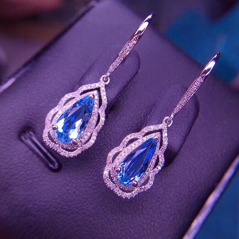 14k Gold 2.6 Ct Natural Aquamarine & Diamond Earrings - 3