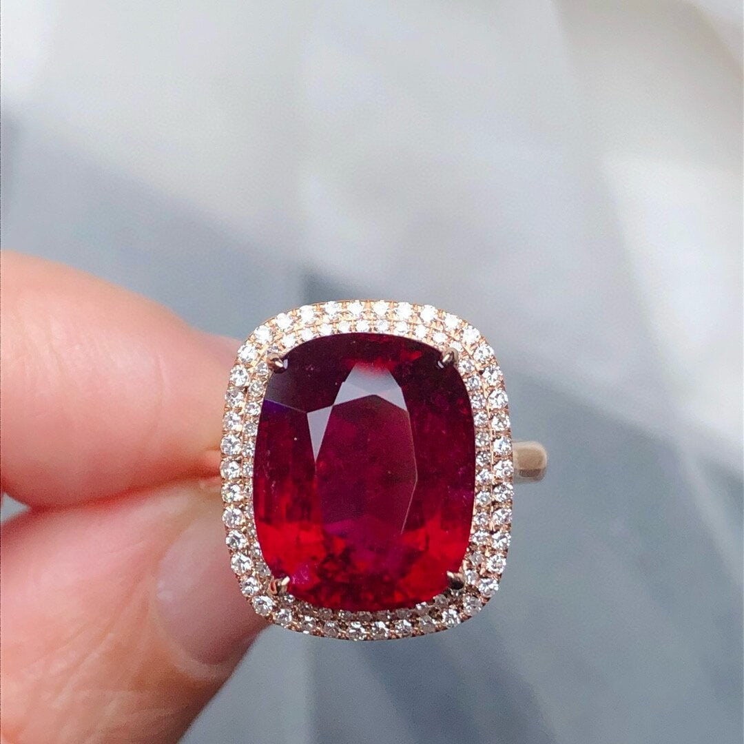 14k Gold 9.65 Ct Natural Tourmaline & Diamond Ring: Ref:230936154 // gold content:14k gold // ring size:7. 25us // // main gemstone:tourmaline // shape:cushion // carat weight:9. 65ct // color:red // treatment:natural // // adjacent gemstone 2 :