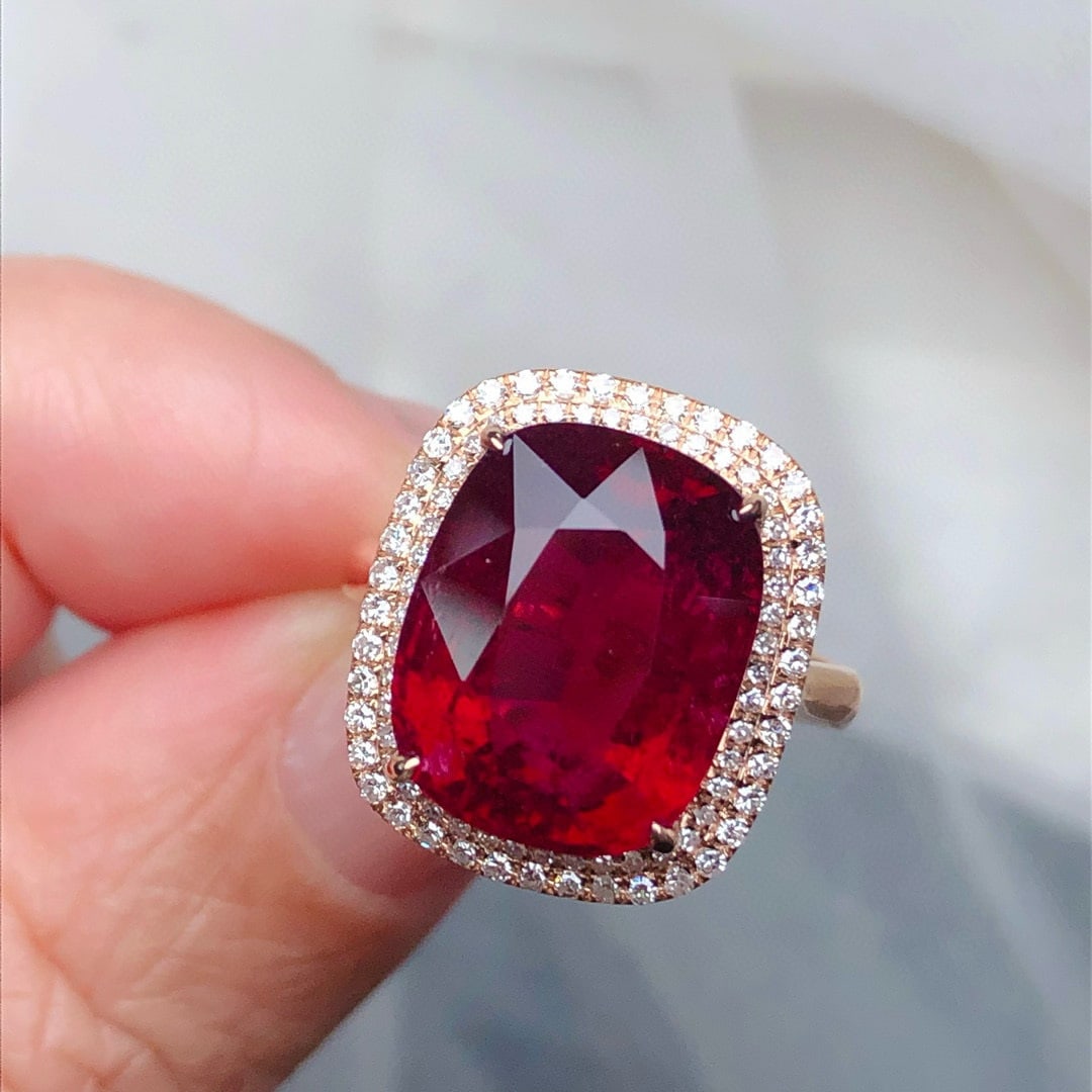 14k Gold 9.65 Ct Natural Tourmaline & Diamond Ring - 2