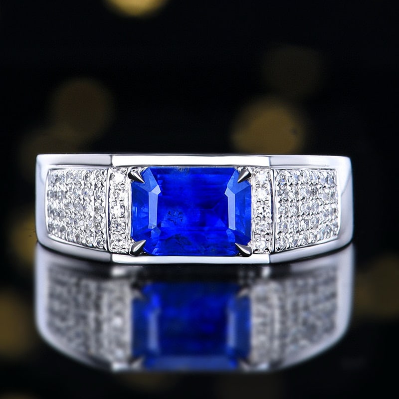 14k Gold 1.80 Ctw Vivid Blue Natural Sapphire & Diamond & Men¡¯s Ring: Ref:230936159 // gold content:14k gold // ring size:8us // // main gemstone:sapphire // shape:octagonal // carat weight:1. 58ct // color:vivid blue // treatment:natural // // adjacent gemstone 2 :