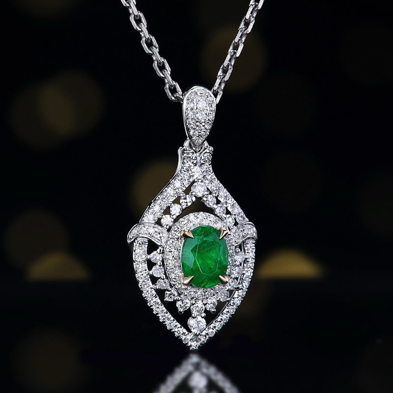 14k Gold 0.7 Ctw Vivid Green Natural Emerald & Diamond Pendant( Without Chain ) - 3