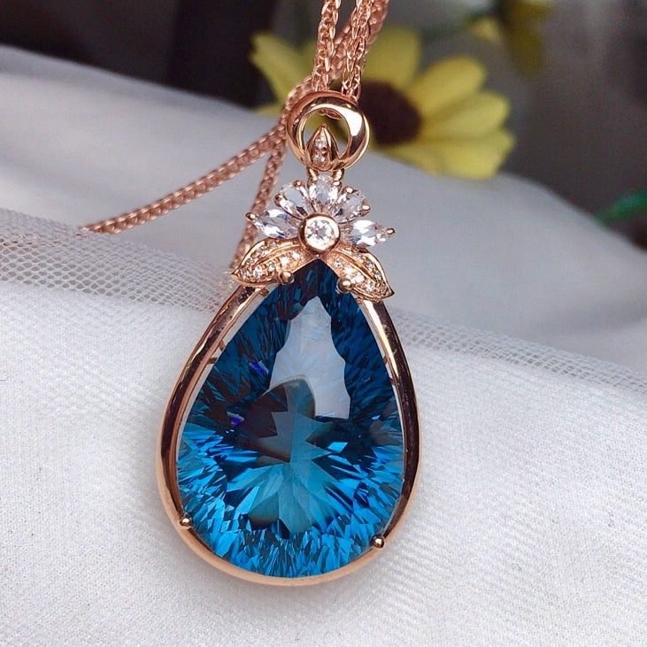 14k Gold 29.60 Ct Natural Topaz & Diamond Pendant( Without Chain ) - 5