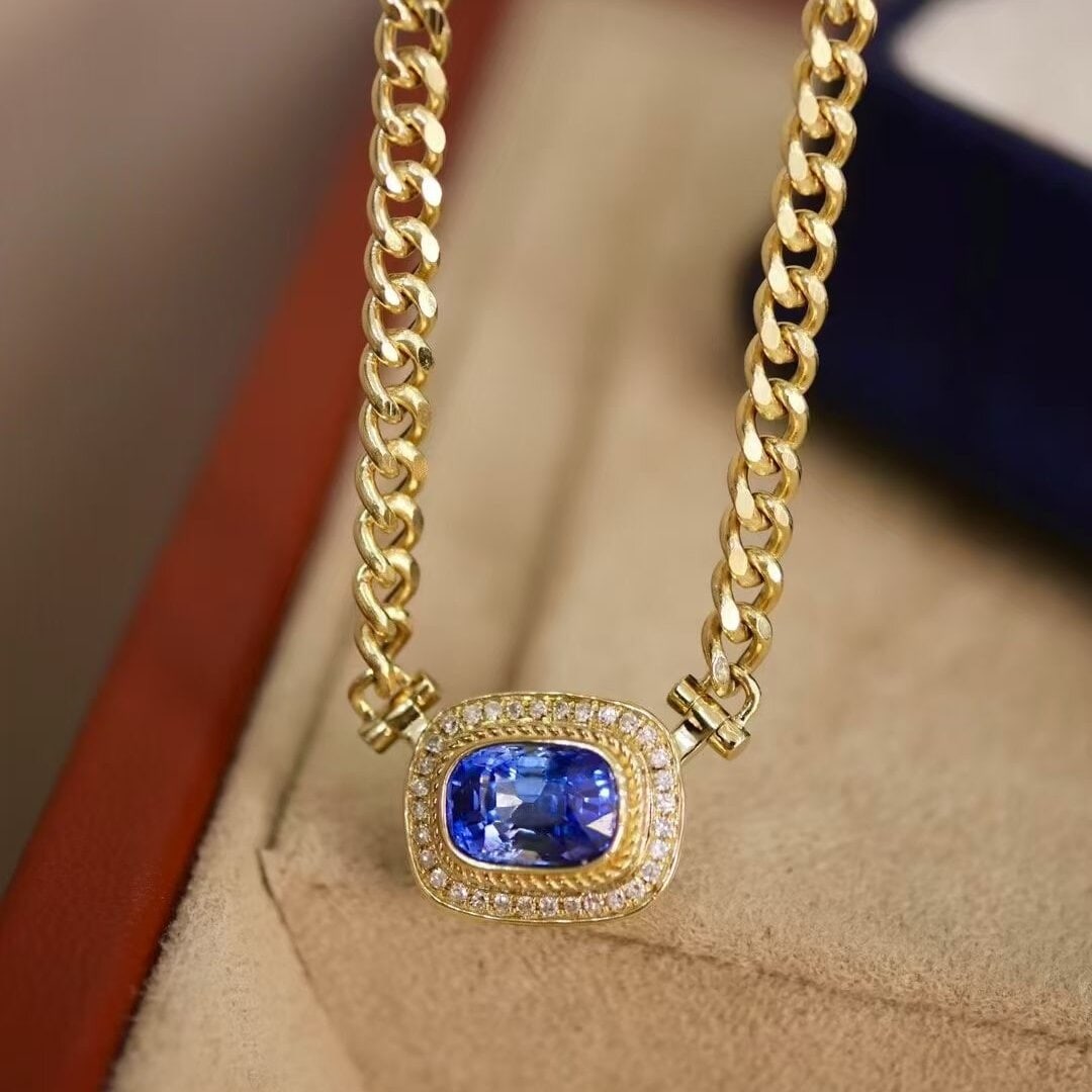 14k Gold 1.74 Ctw Natural Sapphire & Diamond Necklace: Ref:230936175 // gold content:14k gold // main gemstone:sapphire // shape:cushion // carat weight:1. 64ct // color:blue // treatment:natural // // adjacent gemstone 2 : diamond // shape:round //