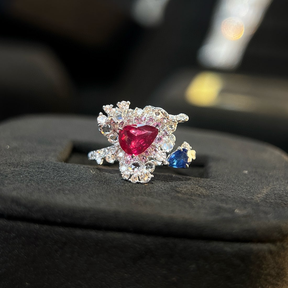 14k Gold 1.13 Ctw Natural Ruby & Sapphire Ring: Ref:230936180 // gold content:14k gold // ring size:7. 25us // // main gemstone:ruby // shape:pear // carat weight:0. 66ct // color:red // treatment:natural // // adjacent gemstone 2 : sapphire //