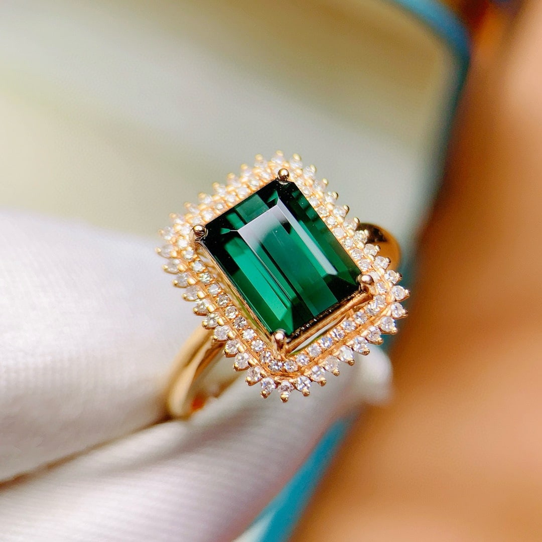 14k Gold 3.87 Ctw Natural Tourmaline & Diamond Ring: Ref:230936184 // gold content:14k gold // ring size:7. 25us // // main gemstone:tourmaline // shape:octagonal // carat weight:3. 55ct // color:green // treatment:natural // // adjacent gemstone 2