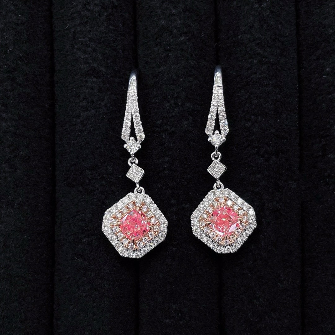 14k Gold 1.56 Ctw Natural Pink Diamond & Diamond Earrings: Ref:230936185 // gold content:14k gold // main gemstone:pink diamond // shape:cushion // carat weight:1. 03ct // color:pink // treatment:natural // // adjacent gemstone 2 : diamond // shape:round