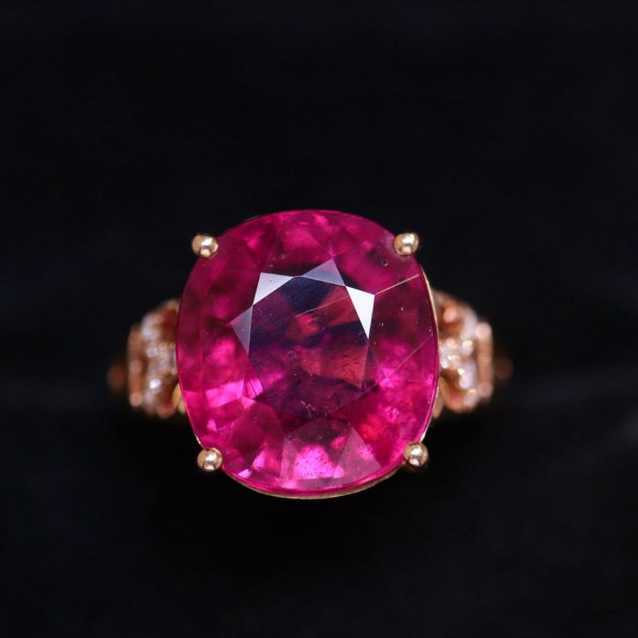 14k Gold 7.63 Ct Natural Tourmaline & Diamond Ring: Ref:230936191 // gold content:14k gold // ring size:7. 25us // // main gemstone:tourmaline // shape:cushion // carat weight:7. 63ct // color:red // treatment:natural // // adjacent gemstone 2 : diamon