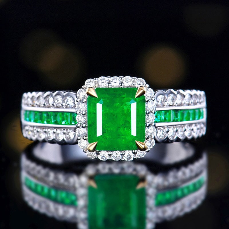 14k Gold 1.74 Ctw Vivid Green Natural Emerald & Diamond Ring: Ref:230936198 // gold content:14k gold // ring size:7. 25us // // main gemstone:emerald // shape:octagonal // carat weight:1. 42ct // color:vivid green // treatment:natural // // adjacent gemstone