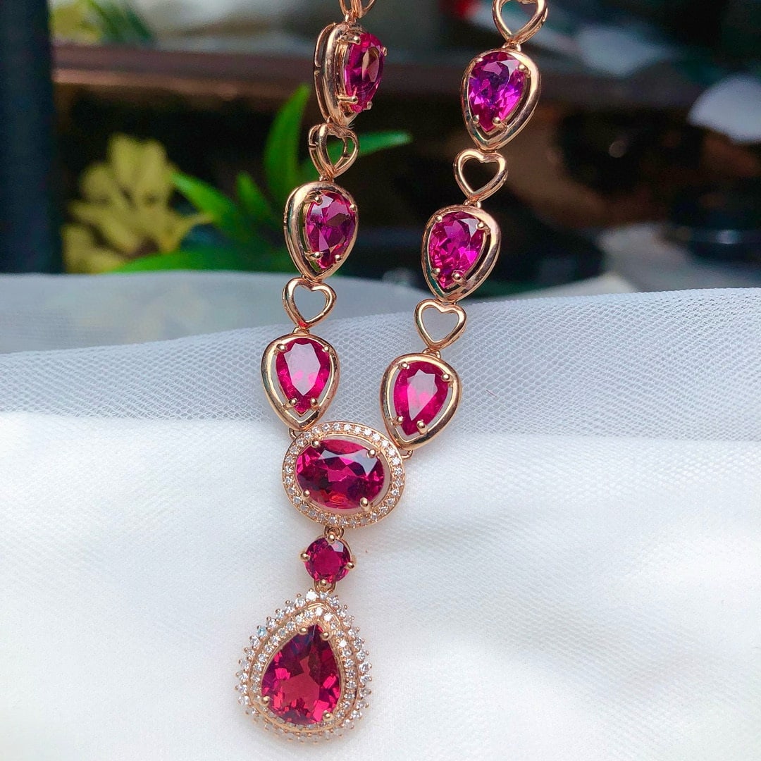 14k Gold 11.68 Ct Natural Tourmaline & Diamond Necklace - 2