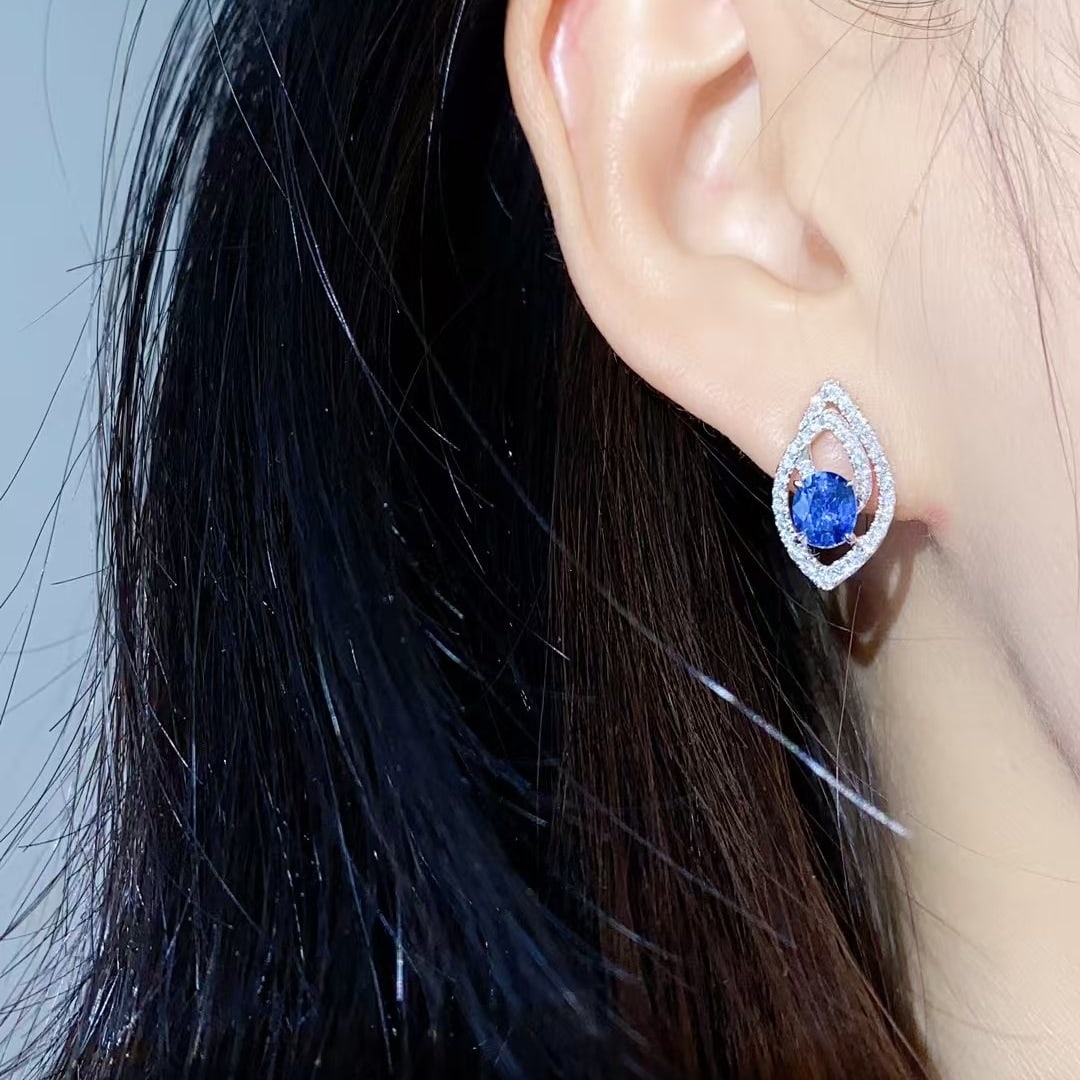 14k Gold 1.6 Ct Natural Sapphire & Diamond Earrings - 2