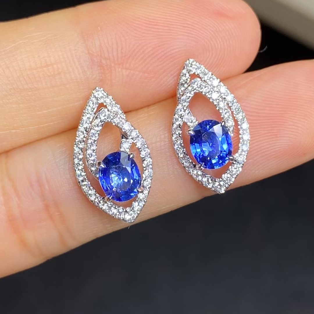14k Gold 1.6 Ct Natural Sapphire & Diamond Earrings - 6