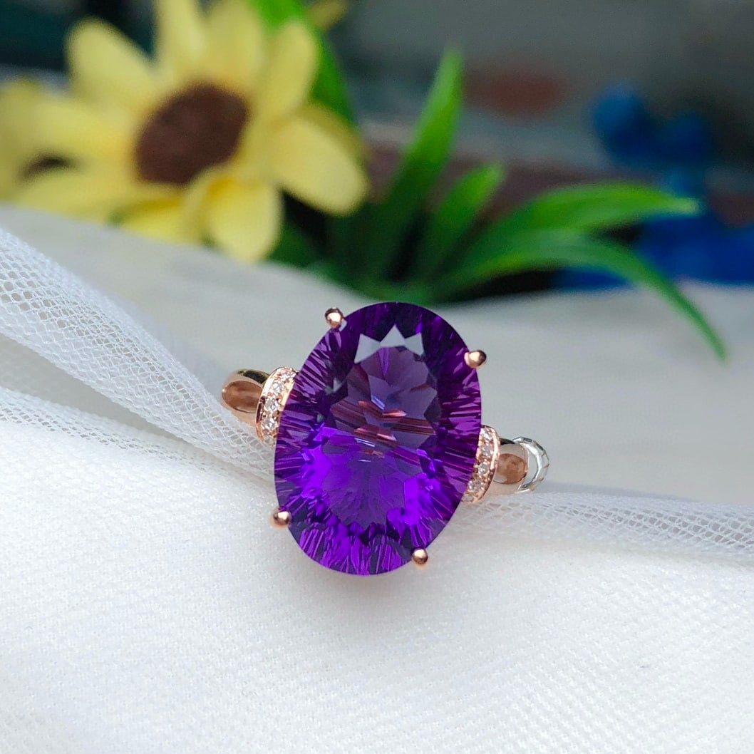 14k Gold 6.15 Ct Natural Amethyst & Diamond Ring - 3
