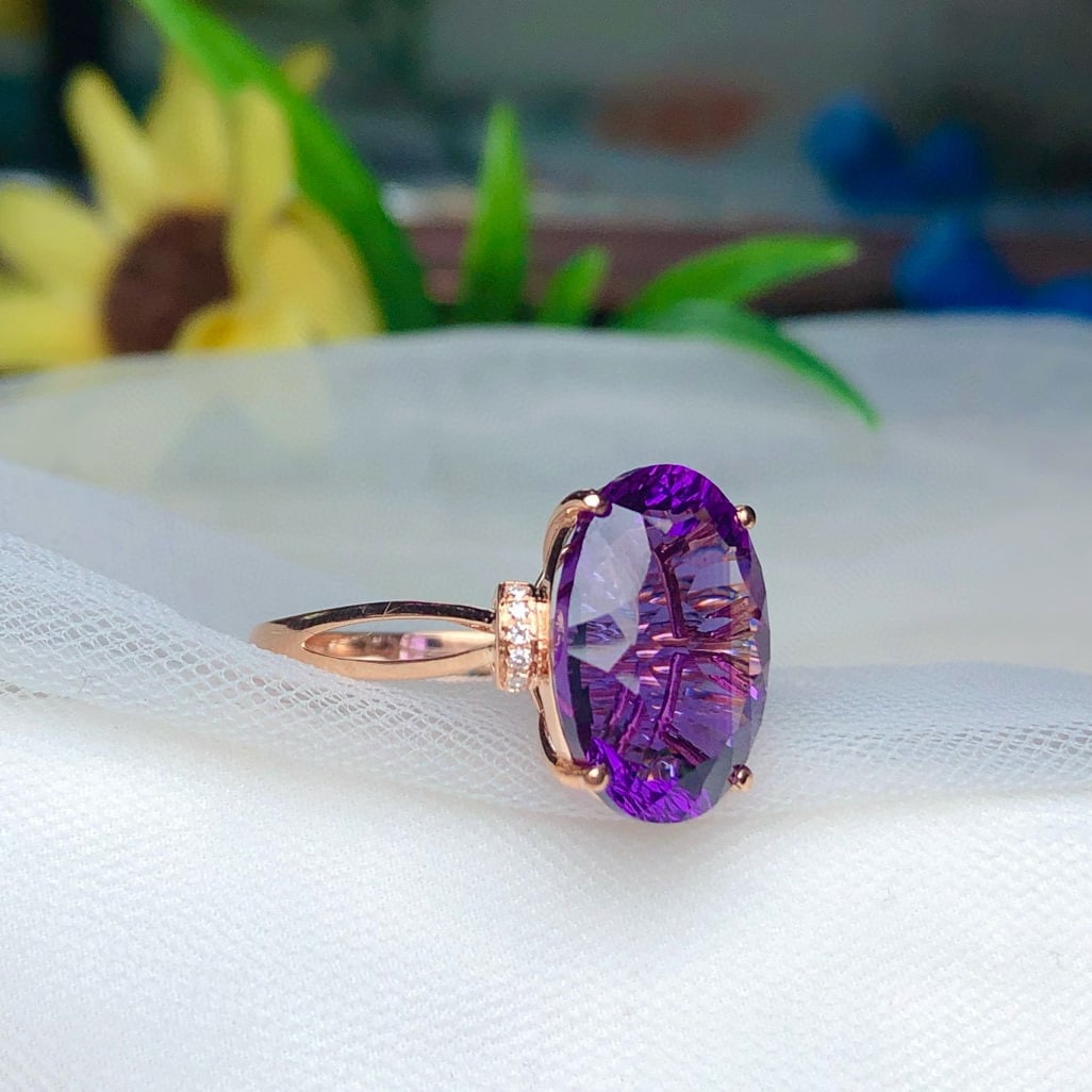 14k Gold 6.15 Ct Natural Amethyst & Diamond Ring - 4