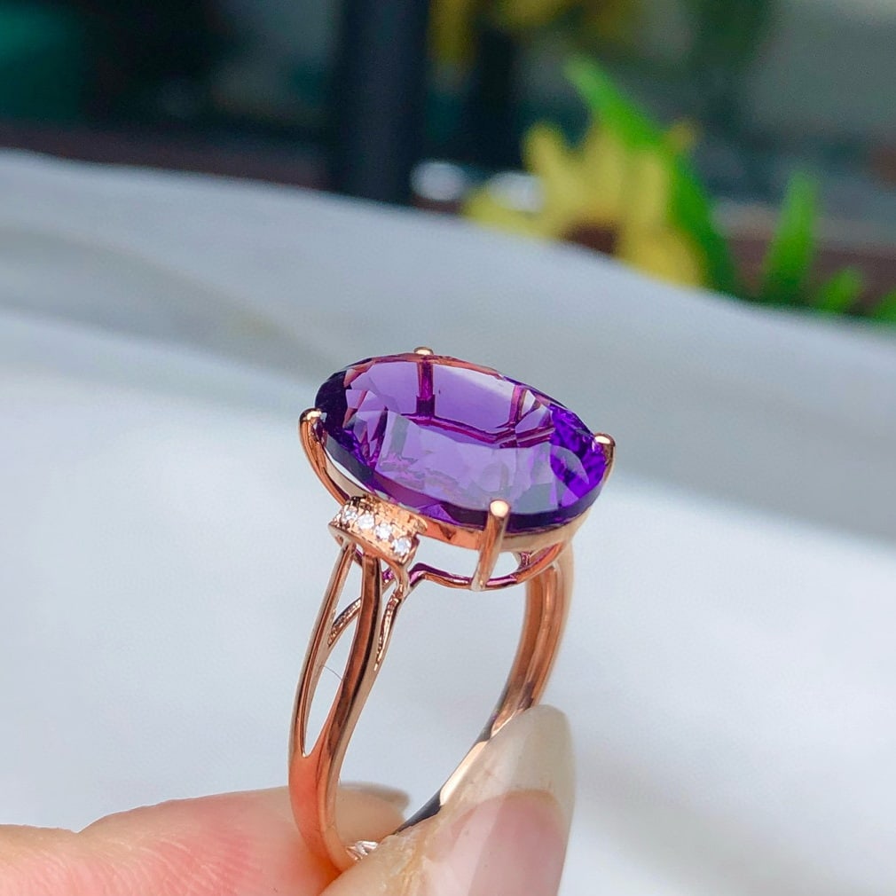 14k Gold 6.15 Ct Natural Amethyst & Diamond Ring - 5