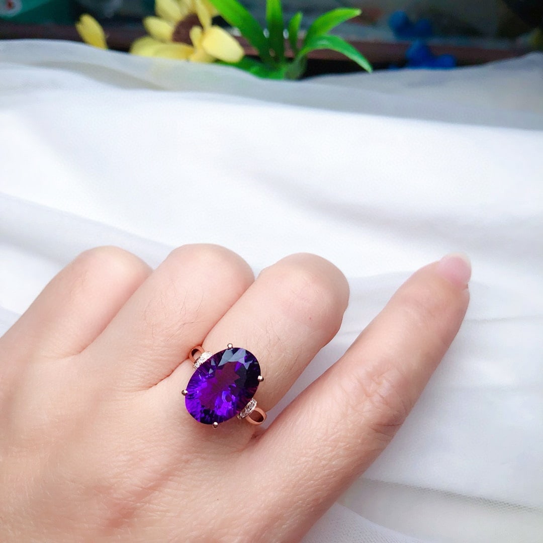 14k Gold 6.15 Ct Natural Amethyst & Diamond Ring - 6