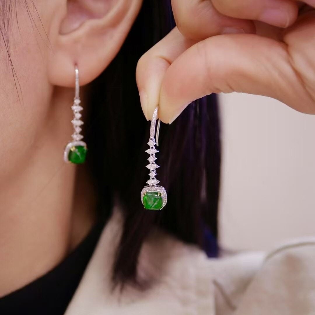 14k Gold 3 Ct Vivid Green Natural Emerald & Diamond Earrings - 3